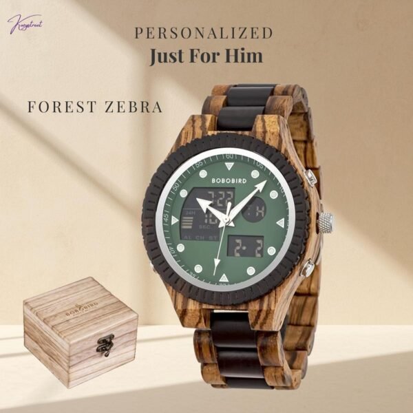 Engraved Forest Zebra Wooden Watch - Personalized Gift for Him